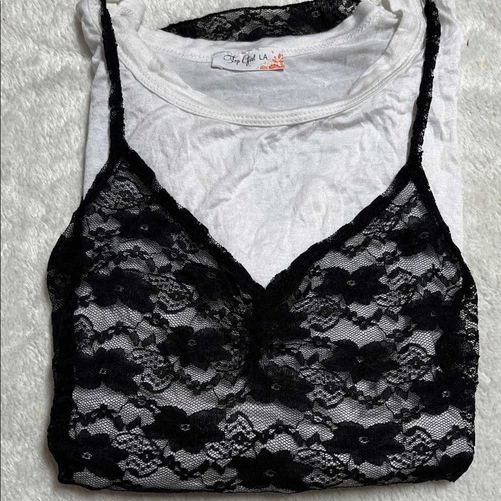 White Short Sleeve Tee with Black Lace Cami Set